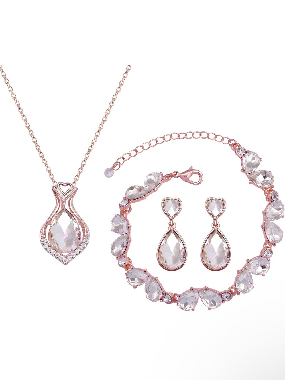 Rose Gold Crystal Teardrop Necklace, Bracelet & Earring Set New in Box NIB